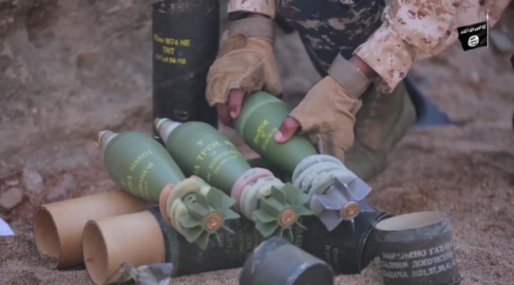 This still image taken from the Islamic State video in Yemen shows mortar shells 82 mm M74 HE lot 04/18 from the Serbian arms factory Krusik along with mortar shells from Bosnia and Herzegovina.