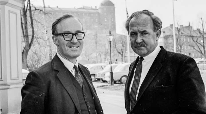 Peter Benenson, left, with George Ivan Smith at a 1966 Nordic Africa Institute Seminar. Uppsala-Bild