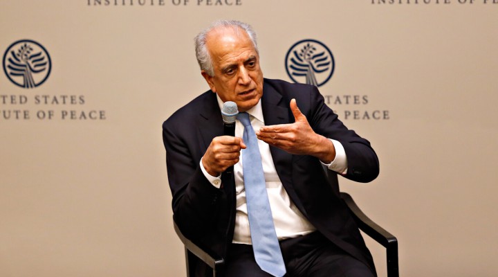 Special Representative for Afghanistan Reconciliation Zalmay Khalilzad speaks at the U.S. Institute of Peace, in Washington, Feb. 8, 2019.